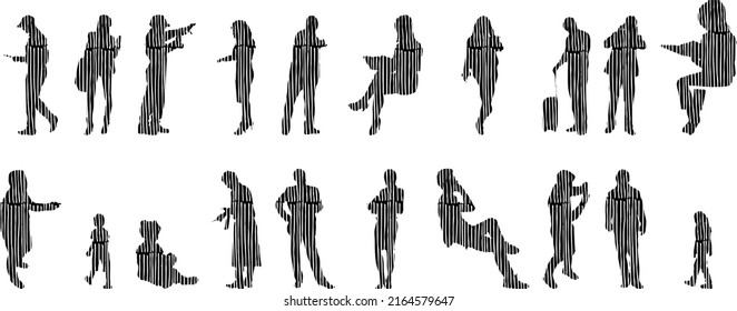 Vector silhouettes, Outline silhouettes of people, Contour drawing, people silhouette, Icon Set Isolated, Silhouette of sitting people, Architectural set	
