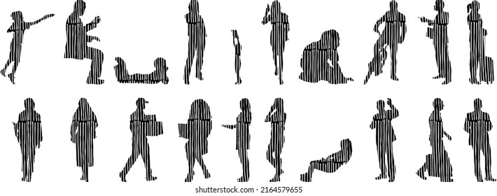 Vector silhouettes, Outline silhouettes of people, Contour drawing, people silhouette, Icon Set Isolated, Silhouette of sitting people, Architectural set	
