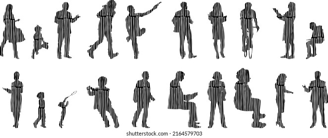 Vector silhouettes, Outline silhouettes of people, Contour drawing, people silhouette, Icon Set Isolated, Silhouette of sitting people, Architectural set	
