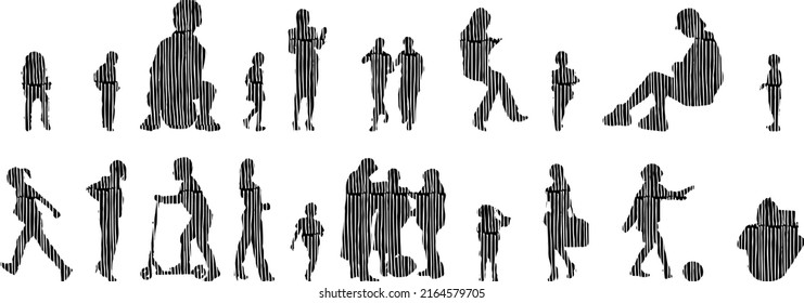 Vector silhouettes, Outline silhouettes of people, Contour drawing, people silhouette, Icon Set Isolated, Silhouette of sitting people, Architectural set	
