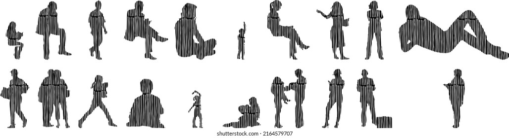 Vector silhouettes, Outline silhouettes of people, Contour drawing, people silhouette, Icon Set Isolated, Silhouette of sitting people, Architectural set	
