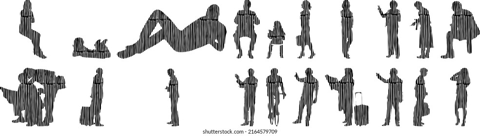 Vector silhouettes, Outline silhouettes of people, Contour drawing, people silhouette, Icon Set Isolated, Silhouette of sitting people, Architectural set	
