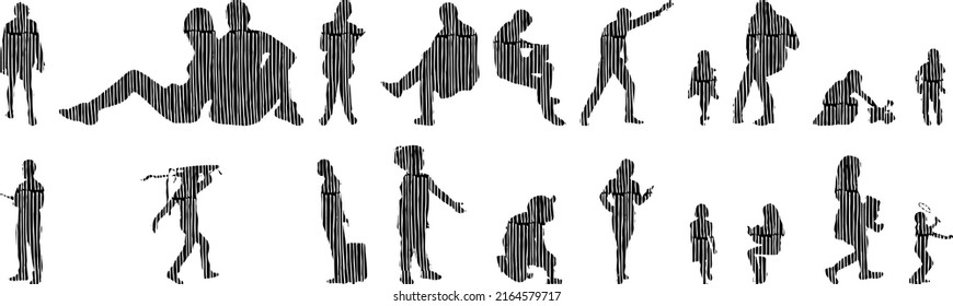 Vector silhouettes, Outline silhouettes of people, Contour drawing, people silhouette, Icon Set Isolated, Silhouette of sitting people, Architectural set	
