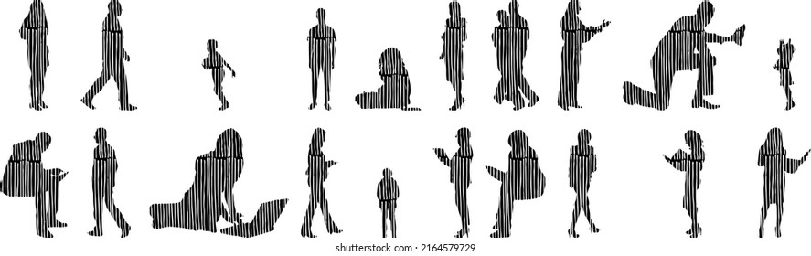 Vector silhouettes, Outline silhouettes of people, Contour drawing, people silhouette, Icon Set Isolated, Silhouette of sitting people, Architectural set	
