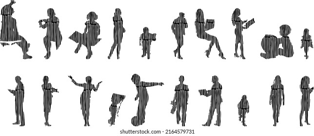 Vector silhouettes, Outline silhouettes of people, Contour drawing, people silhouette, Icon Set Isolated, Silhouette of sitting people, Architectural set	
