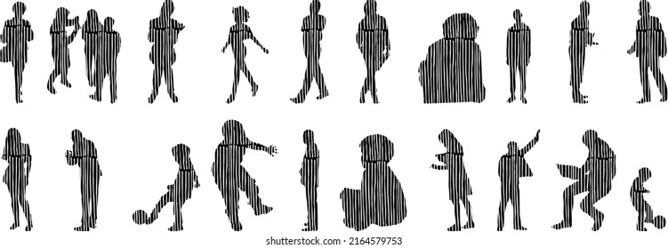 Vector silhouettes, Outline silhouettes of people, Contour drawing, people silhouette, Icon Set Isolated, Silhouette of sitting people, Architectural set	
