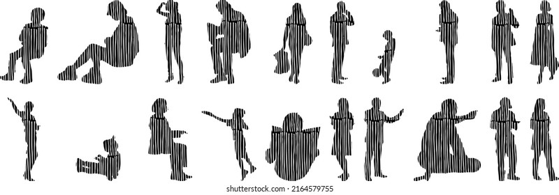 Vector silhouettes, Outline silhouettes of people, Contour drawing, people silhouette, Icon Set Isolated, Silhouette of sitting people, Architectural set	
