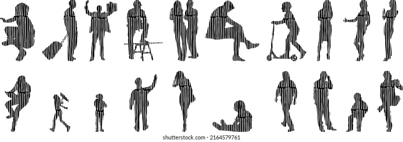 Vector silhouettes, Outline silhouettes of people, Contour drawing, people silhouette, Icon Set Isolated, Silhouette of sitting people, Architectural set	
