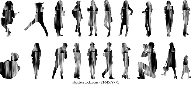 Siluetas vectoriales, Siluetas de contorno de personas, Dibujo de contorno, silueta de personas, Conjunto de iconos aislados, Silueta de personas sentadas, Conjunto arquitectónico	
