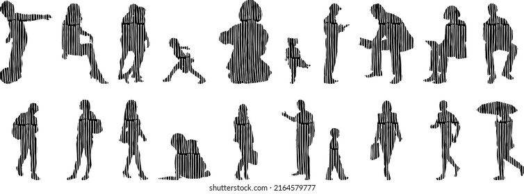 Vector silhouettes, Outline silhouettes of people, Contour drawing, people silhouette, Icon Set Isolated, Silhouette of sitting people, Architectural set	

