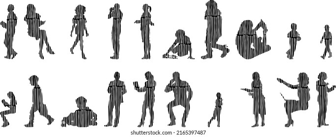 Vector silhouettes, Outline silhouettes of people, Contour drawing, people silhouette, Icon Set Isolated, Silhouette of sitting people, Architectural set	
