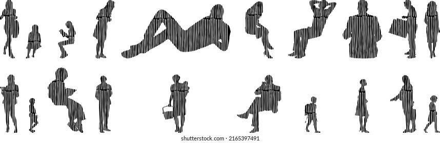 Vector silhouettes, Outline silhouettes of people, Contour drawing, people silhouette, Icon Set Isolated, Silhouette of sitting people, Architectural set	

