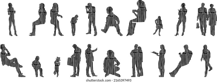 Vector silhouettes, Outline silhouettes of people, Contour drawing, people silhouette, Icon Set Isolated, Silhouette of sitting people, Architectural set	
