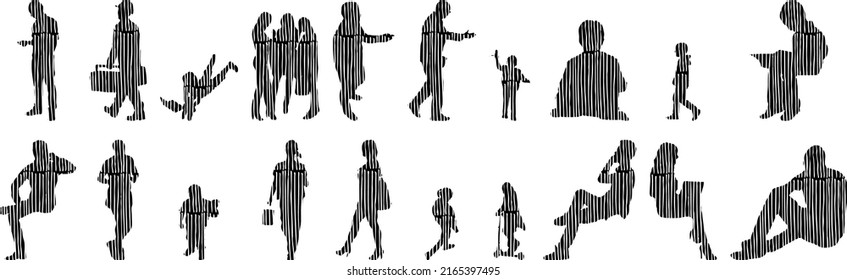 Vector silhouettes, Outline silhouettes of people, Contour drawing, people silhouette, Icon Set Isolated, Silhouette of sitting people, Architectural set	
