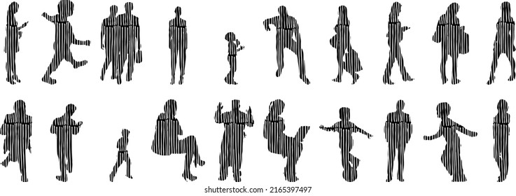 Vector silhouettes, Outline silhouettes of people, Contour drawing, people silhouette, Icon Set Isolated, Silhouette of sitting people, Architectural set	
