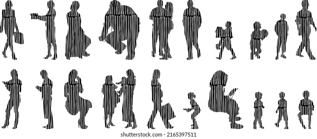 Vector silhouettes, Outline silhouettes of people, Contour drawing, people silhouette, Icon Set Isolated, Silhouette of sitting people, Architectural set	
