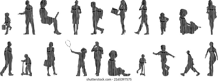 Vector silhouettes, Outline silhouettes of people, Contour drawing, people silhouette, Icon Set Isolated, Silhouette of sitting people, Architectural set	
