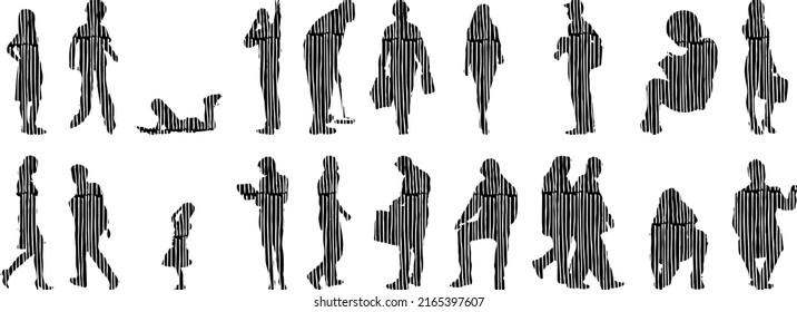 Vector silhouettes, Outline silhouettes of people, Contour drawing, people silhouette, Icon Set Isolated, Silhouette of sitting people, Architectural set	
