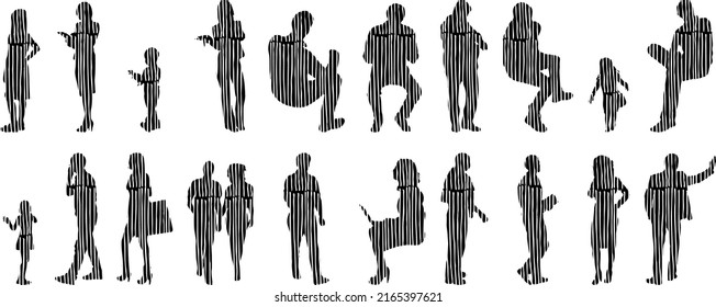 Vector silhouettes, Outline silhouettes of people, Contour drawing, people silhouette, Icon Set Isolated, Silhouette of sitting people, Architectural set	
