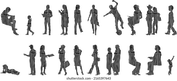 Vector silhouettes, Outline silhouettes of people, Contour drawing, people silhouette, Icon Set Isolated, Silhouette of sitting people, Architectural set	
