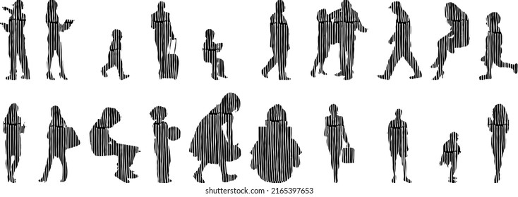 Vector silhouettes, Outline silhouettes of people, Contour drawing, people silhouette, Icon Set Isolated, Silhouette of sitting people, Architectural set	
