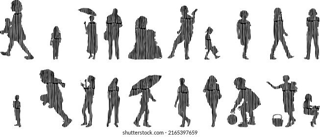 Vector silhouettes, Outline silhouettes of people, Contour drawing, people silhouette, Icon Set Isolated, Silhouette of sitting people, Architectural set	
