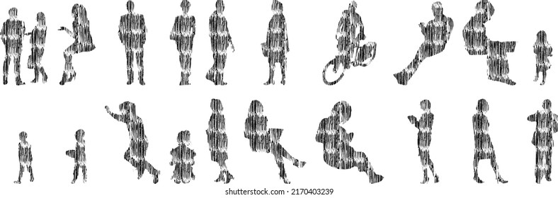 Vektor-Silhouetten, Silhouetten-Linien, Konturzeichnungen, Silhouette-Leute, Symbolsatz isoliert, Silhouette sitzender Menschen, Architekturset	

