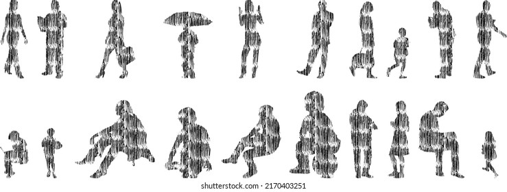 Vector silhouettes, Outline silhouettes of people, Contour drawing, people silhouette, Icon Set Isolated, Silhouette of sitting people, Architectural set	
