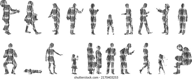 Vector silhouettes, Outline silhouettes of people, Contour drawing, people silhouette, Icon Set Isolated, Silhouette of sitting people, Architectural set	
