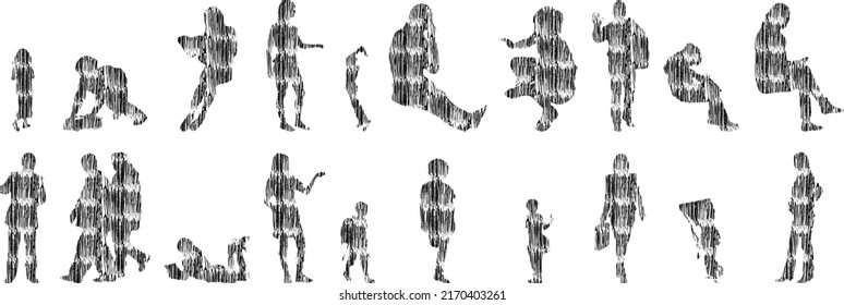 Vector silhouettes, Outline silhouettes of people, Contour drawing, people silhouette, Icon Set Isolated, Silhouette of sitting people, Architectural set	
