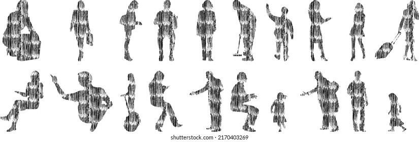 Vector silhouettes, Outline silhouettes of people, Contour drawing, people silhouette, Icon Set Isolated, Silhouette of sitting people, Architectural set	
