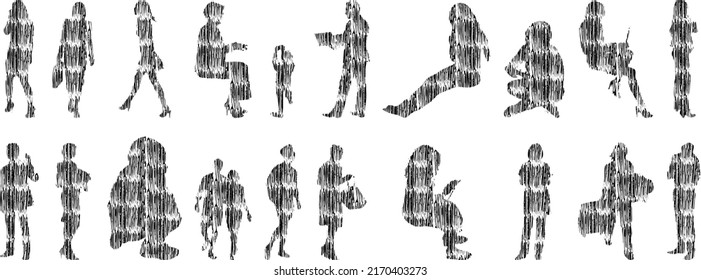 Vector silhouettes, Outline silhouettes of people, Contour drawing, people silhouette, Icon Set Isolated, Silhouette of sitting people, Architectural set	

