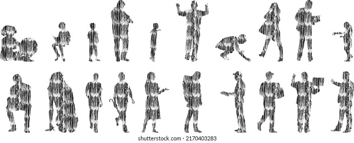 Vector silhouettes, Outline silhouettes of people, Contour drawing, people silhouette, Icon Set Isolated, Silhouette of sitting people, Architectural set	
