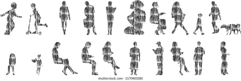 Vector silhouettes, Outline silhouettes of people, Contour drawing, people silhouette, Icon Set Isolated, Silhouette of sitting people, Architectural set	
