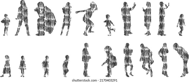 Vector silhouettes, Outline silhouettes of people, Contour drawing, people silhouette, Icon Set Isolated, Silhouette of sitting people, Architectural set	
