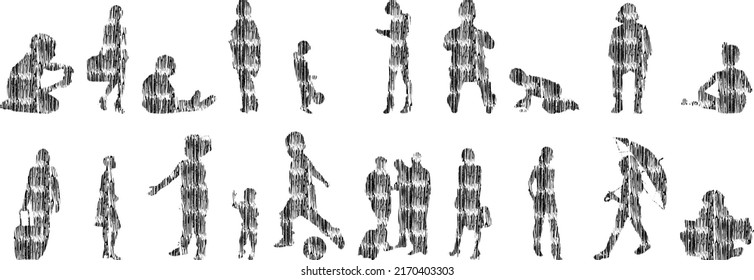 Vector silhouettes, Outline silhouettes of people, Contour drawing, people silhouette, Icon Set Isolated, Silhouette of sitting people, Architectural set	
