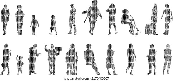 Vektor-Silhouetten, Silhouetten-Linien, Konturzeichnungen, Silhouette-Leute, Symbolsatz isoliert, Silhouette sitzender Menschen, Architekturset	
