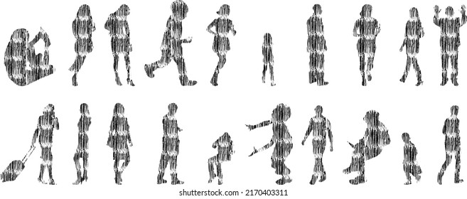 Vector silhouettes, Outline silhouettes of people, Contour drawing, people silhouette, Icon Set Isolated, Silhouette of sitting people, Architectural set	
