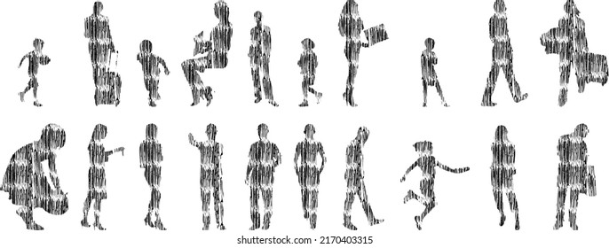 Vector silhouettes, Outline silhouettes of people, Contour drawing, people silhouette, Icon Set Isolated, Silhouette of sitting people, Architectural set	
