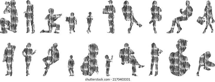 Vector silhouettes, Outline silhouettes of people, Contour drawing, people silhouette, Icon Set Isolated, Silhouette of sitting people, Architectural set	

