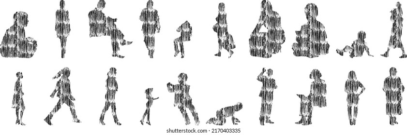 Vector silhouettes, Outline silhouettes of people, Contour drawing, people silhouette, Icon Set Isolated, Silhouette of sitting people, Architectural set	
