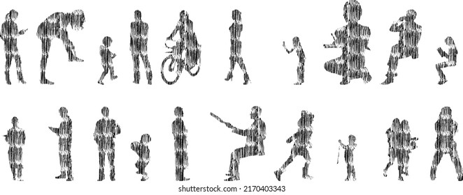 Siluetas vectoriales, Siluetas de contorno de personas, Dibujo de contorno, silueta de personas, Conjunto de iconos aislados, Silueta de personas sentadas, Conjunto arquitectónico	
