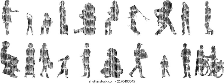 Siluetas vectoriales, Siluetas de contorno de personas, Dibujo de contorno, silueta de personas, Conjunto de iconos aislados, Silueta de personas sentadas, Conjunto arquitectónico	
