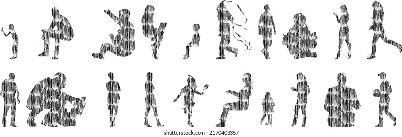 Vector silhouettes, Outline silhouettes of people, Contour drawing, people silhouette, Icon Set Isolated, Silhouette of sitting people, Architectural set	
