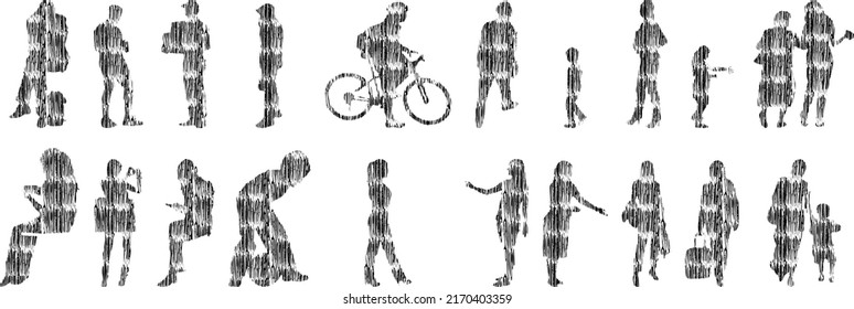 Vektor-Silhouetten, Silhouetten-Linien, Konturzeichnungen, Silhouette-Leute, Symbolsatz isoliert, Silhouette sitzender Menschen, Architekturset	
