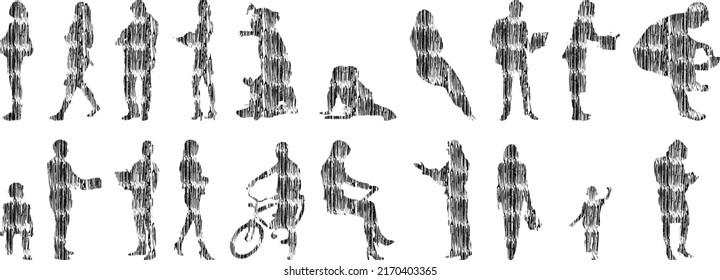 Vector silhouettes, Outline silhouettes of people, Contour drawing, people silhouette, Icon Set Isolated, Silhouette of sitting people, Architectural set	
