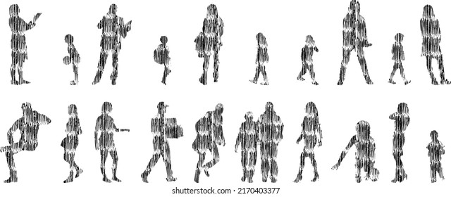 Vector silhouettes, Outline silhouettes of people, Contour drawing, people silhouette, Icon Set Isolated, Silhouette of sitting people, Architectural set	
