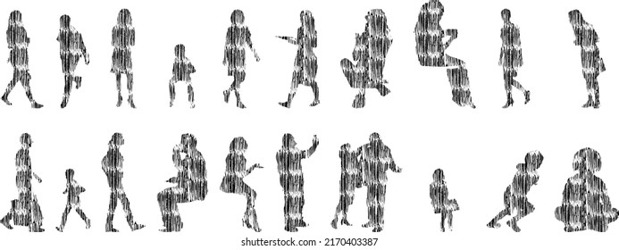 Vektor-Silhouetten, Silhouetten-Linien, Konturzeichnungen, Silhouette-Leute, Symbolsatz isoliert, Silhouette sitzender Menschen, Architekturset	
