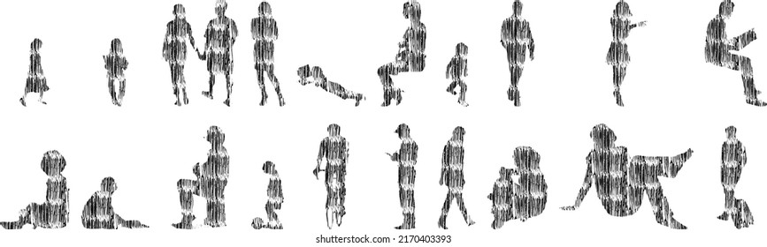 Vector silhouettes, Outline silhouettes of people, Contour drawing, people silhouette, Icon Set Isolated, Silhouette of sitting people, Architectural set	
