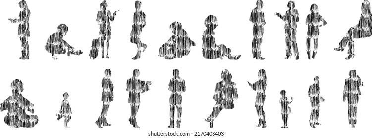 Vector silhouettes, Outline silhouettes of people, Contour drawing, people silhouette, Icon Set Isolated, Silhouette of sitting people, Architectural set	
